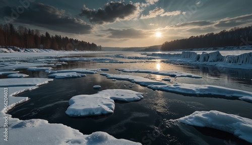 Winter Sunrise Over Frozen River