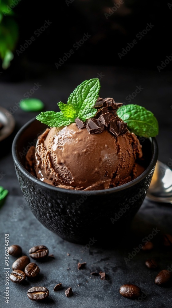 Chocolate ice cream with mint leaves and chocolate shavings in a black bowl, dark background. Dessert and gourmet concept Chocolate ice cream with mint leaves and chocolate shavings in a black bowl, dark background. Dessert and gourmet concept