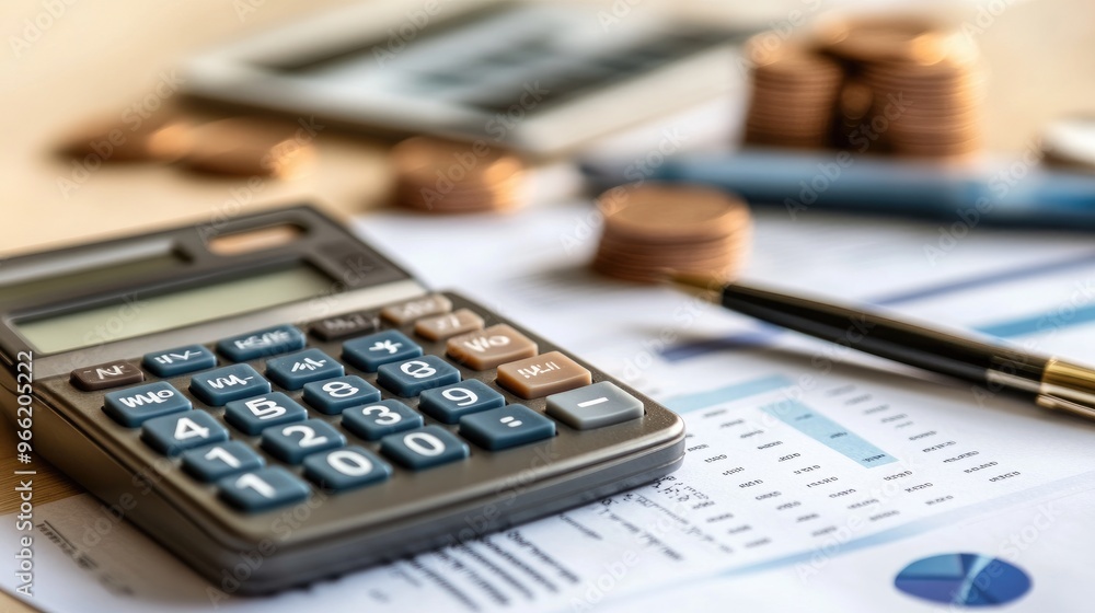 A modern savings calculator with financial documents and a pen on a desk, highlighting budgeting and planning as part of the money-saving process. A modern savings calculator with financial documents and a pen on a desk, highlighting budgeting and planning as part of the money-saving process.