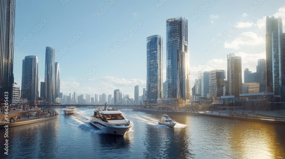 Fototapeta premium A modern urban scene with sleek high-rise buildings towering over the river, with boats navigating the water and a backdrop of a clear, sunny day.