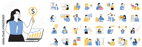 Business and finance concept mega set with character scenes in flat design for web. Bundle situations with people making statistic analysis, calculating and accounting income. Vector illustrations.