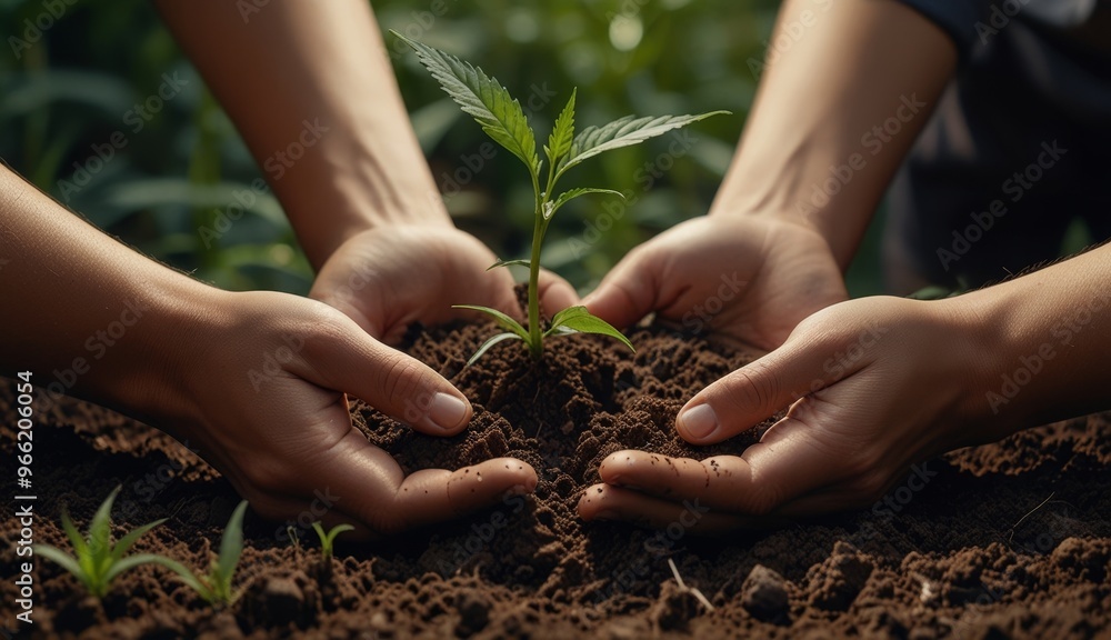 Fototapeta premium Nurturing Growth: Hands Planting Seedling