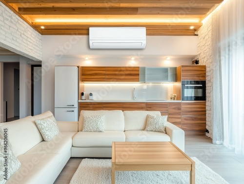 Modern Living Room with Ceiling-Mounted White Air Conditioner, Illuminated Sofa, Coffee Table, and Wooden Kitchen Area