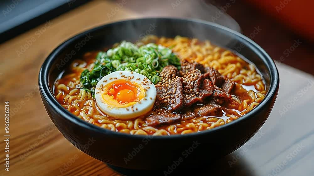 A close-up of a steaming bowl of spicy ramen, topped with a perfectly soft-boiled egg, fresh green onions, seaweed, and sesame seeds. A close-up of a steaming bowl of spicy ramen, topped with a perfectly soft-boiled egg, fresh green onions, seaweed, and sesame seeds.