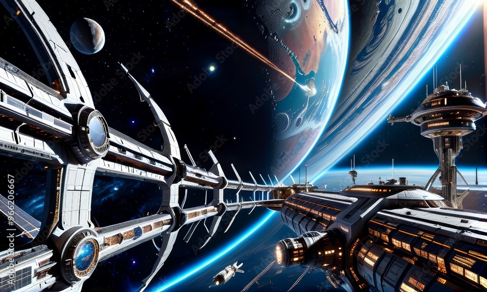 Obraz premium Futuristic Space Station Orbiting Earth