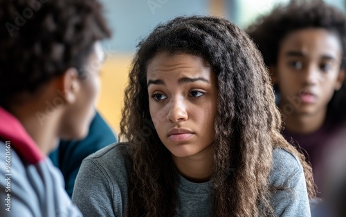 A young woman with curly hair looks thoughtfully at a peer during a serious discussion in a classroom setting.