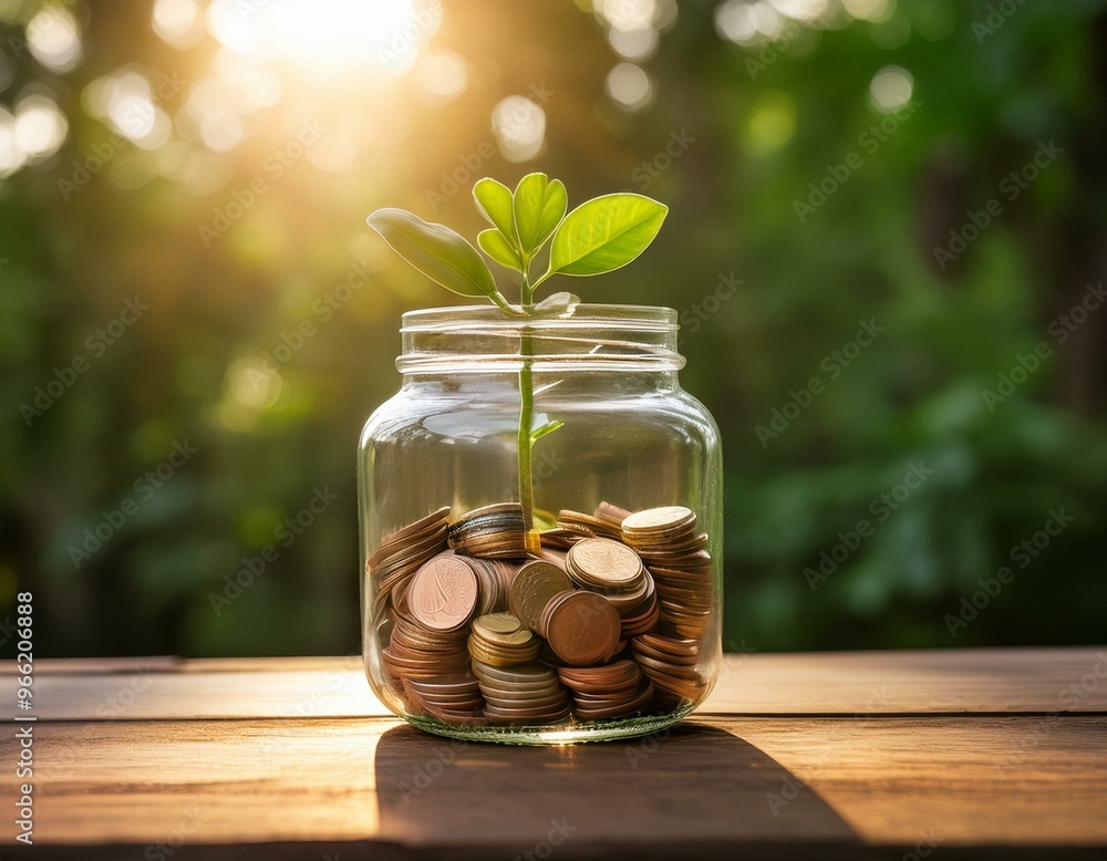 A glass jar filled with coins and a growing plant, symbolizing financial growth and prosperity. A glass jar filled with coins and a growing plant, symbolizing financial growth and prosperity.