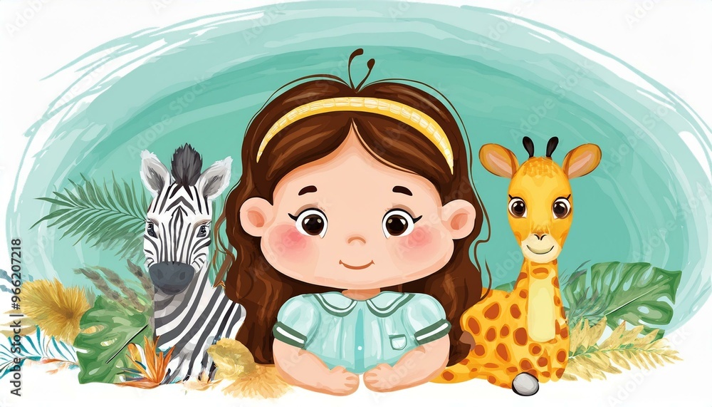Fototapeta premium Safari animals watercolor templates illustration for nursery and baby shower with lion, giraffe and zebra