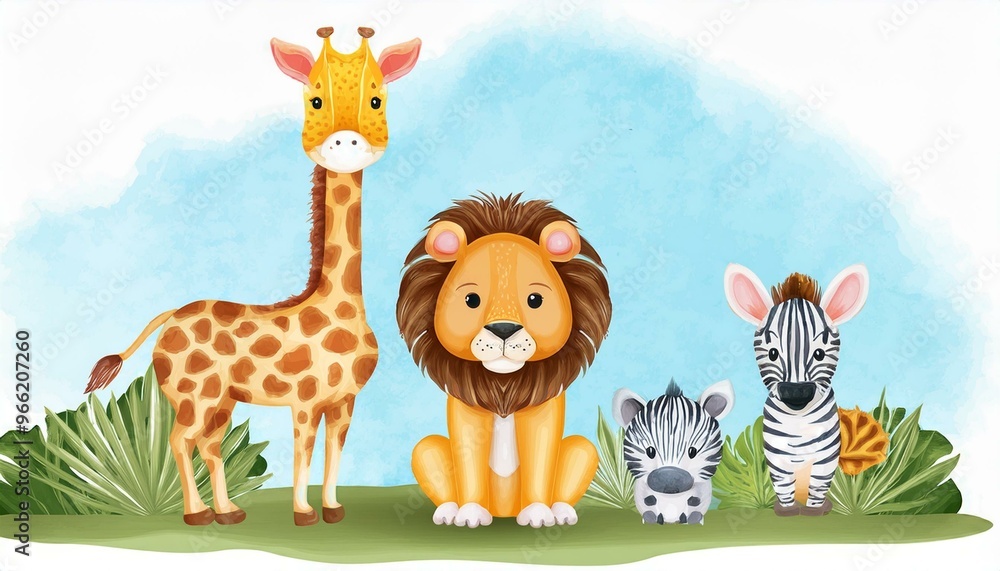 Naklejka premium Safari animals watercolor templates illustration for nursery and baby shower with lion, giraffe and zebra