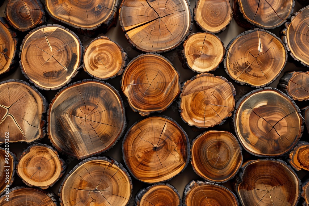 Various tree stump cross-sections, showcasing the intricate patterns and textures of the wood. The circular shapes display natural rings and grain variations, highlighting the beauty of timber. Various tree stump cross-sections, showcasing the intricate patterns and textures of the wood. The circular shapes display natural rings and grain variations, highlighting the beauty of timber.