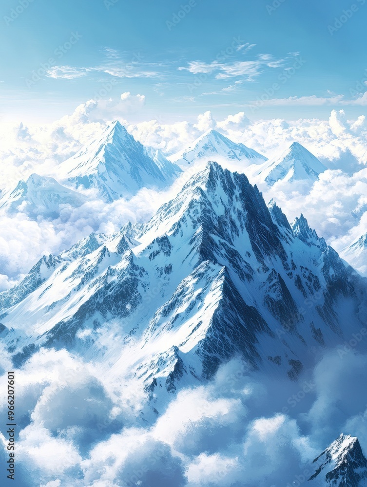 Obraz premium Majestic Snow-Covered Mountain Peaks Under an Expansive Open Sky with Dramatic Cloud Formation