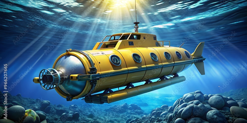 Yellow Submarine Exploring the Deep Sea, Sun Rays, 3D Render, Submarine, Underwater, Deep Sea Yellow Submarine Exploring the Deep Sea, Sun Rays, 3D Render, Submarine, Underwater, Deep Sea