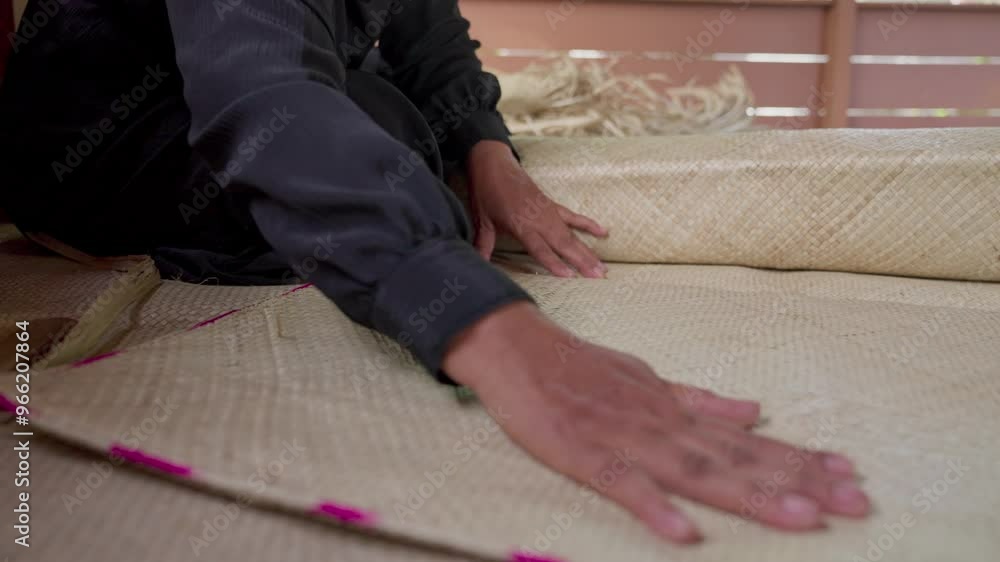 An Indonesian woman making a traditional woven mat An Indonesian woman making a traditional woven mat