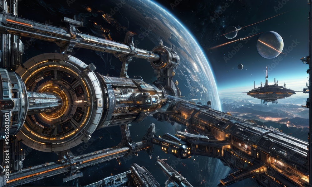 Futuristic Space Station Orbiting Earth Futuristic Space Station Orbiting Earth