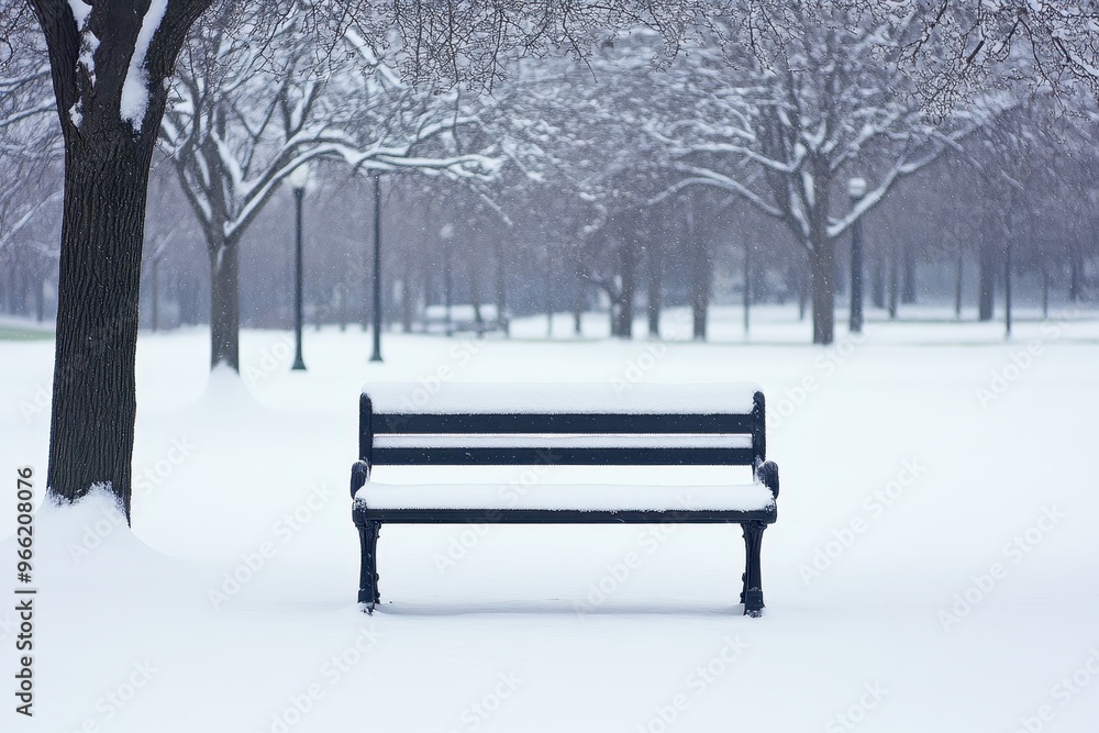 Serene Winter Scene: Snow-Covered Park Bench in Negative Space Serene Winter Scene: Snow-Covered Park Bench in Negative Space