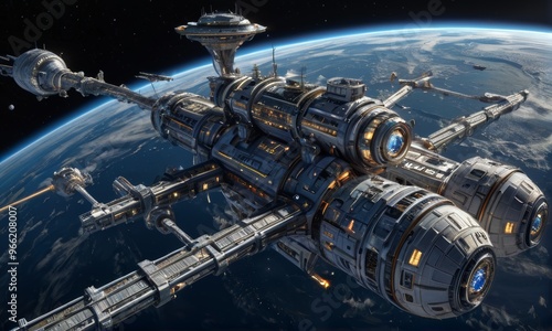 Futuristic Space Station Orbiting Earth