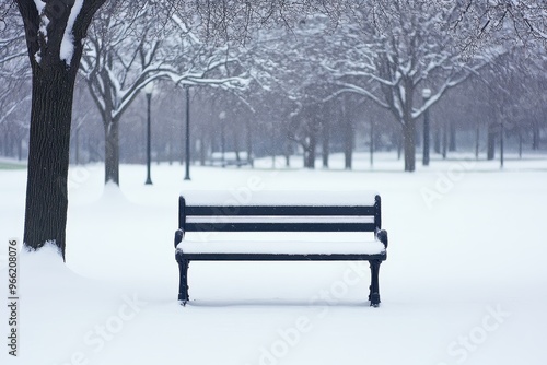 Serene Winter Scene: Snow-Covered Park Bench in Negative Space