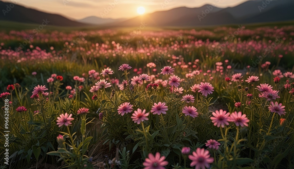 Fototapeta premium Vibrant Sunrise Over Flower Field