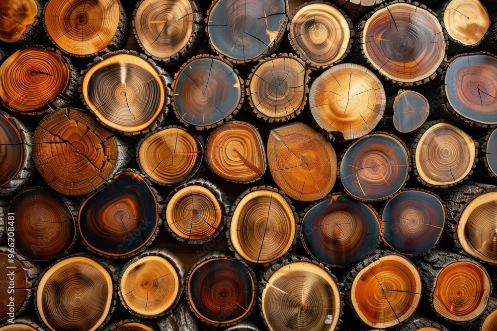 Various tree rings, showcasing the natural patterns and textures of cut wood logs. The warm tones of the wood create a visually appealing arrangement. Various tree rings, showcasing the natural patterns and textures of cut wood logs. The warm tones of the wood create a visually appealing arrangement.