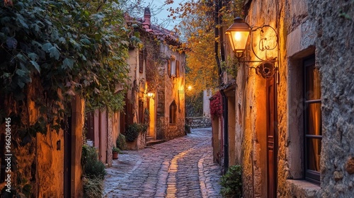 Fototapeta Naklejka Na Ścianę i Meble -  A picturesque alleyway with charming street lamps lining the cobblestone path, illuminated softly to create a romantic and historic ambiance in the early evening.