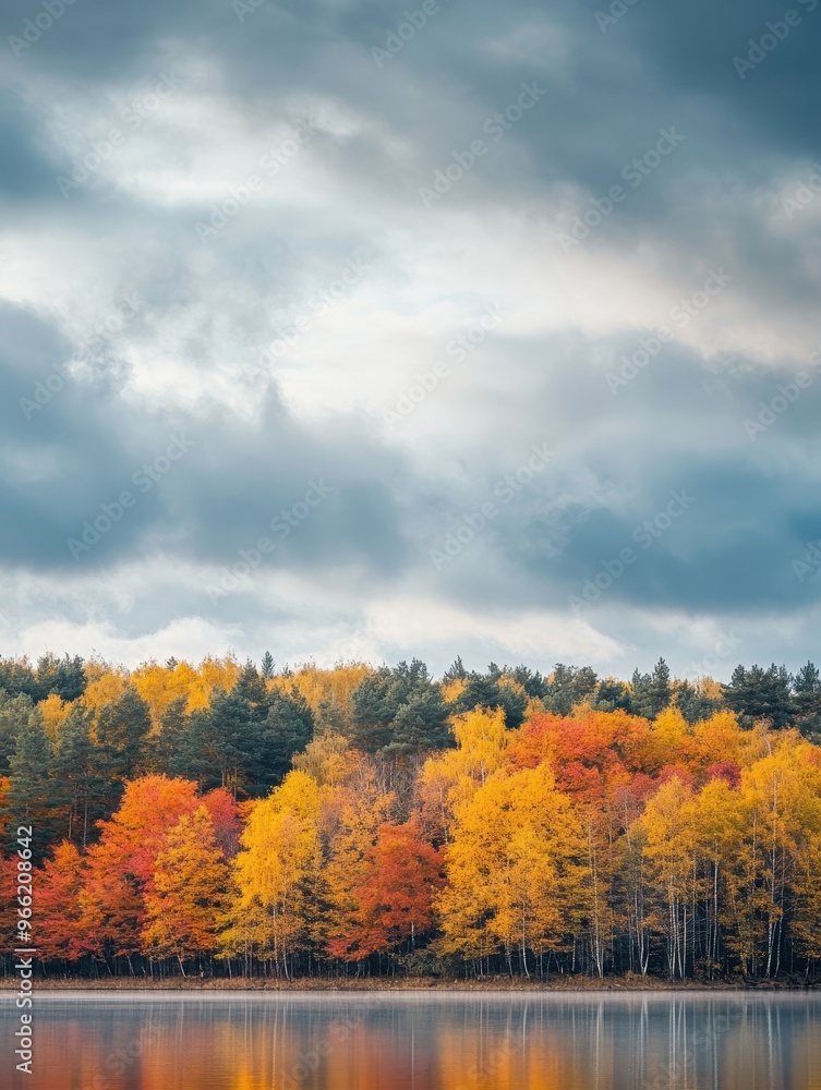 Tranquil Autumn Landscape with Trees and Spacious Sky for Copy Space Tranquil Autumn Landscape with Trees and Spacious Sky for Copy Space