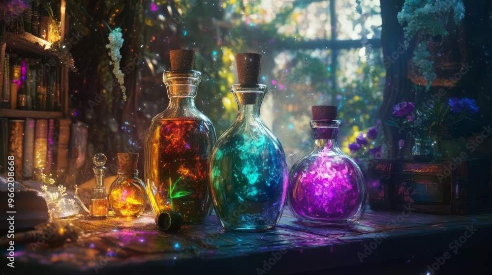 Colorful potion bottles glowing with mystical light on a wooden table in an enchanting forest setting. Colorful potion bottles glowing with mystical light on a wooden table in an enchanting forest setting.