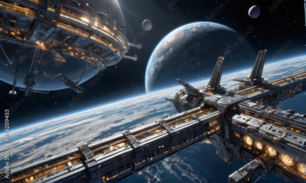 Fototapeta premium Futuristic Space Station Orbiting Earth