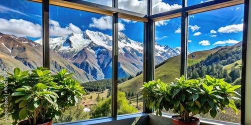 Stunning mountain view framed by large window panes.