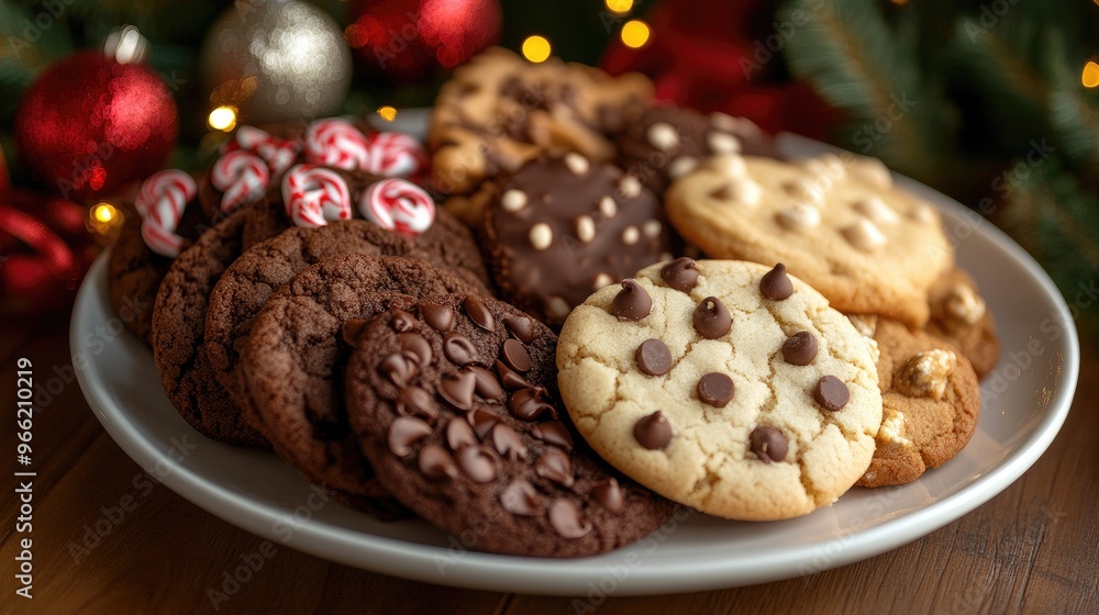 Fototapeta premium A plate of assorted cookies, including gingerbread, sugar cookies, and chocolate chips, beautifully arranged with holiday decorations in the background.