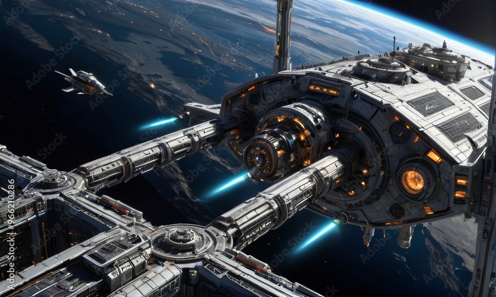 Futuristic Space Station Orbiting Earth Futuristic Space Station Orbiting Earth