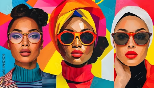 Dynamic Pop Art Collage of Multicolored Female Portraits with Geometric and Abstract Elements