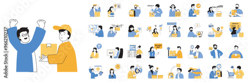 Delivery concept mega set with character scenes in flat design for web. Bundle situations with people get parcel box from courier, ordering shipping gifts, using food delivering. Vector illustrations.