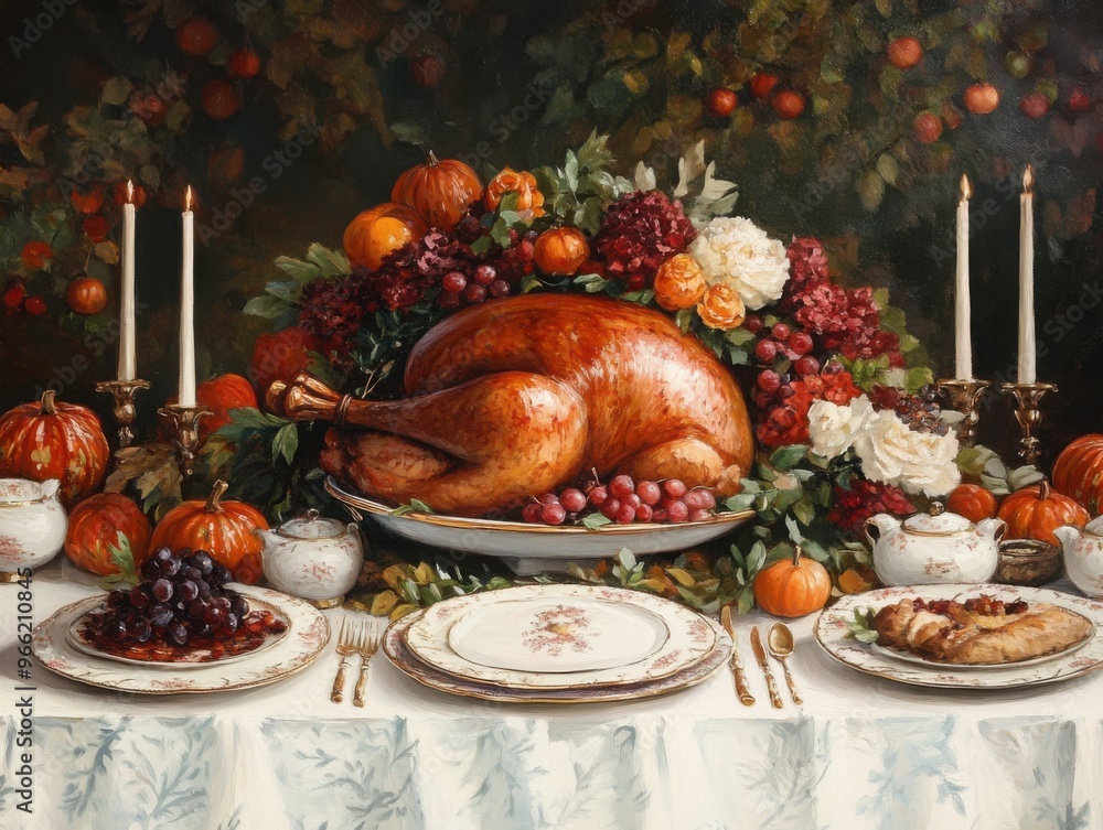 A Thanksgiving table set with a grand cornucopia, surrounded by family members in autumnal outfits, celebrating with a bountiful feast A Thanksgiving table set with a grand cornucopia, surrounded by family members in autumnal outfits, celebrating with a bountiful feast