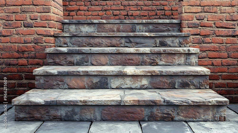 Elegant Classical Stone Steps on Rustic Brick Wall - 3D Rendering with Timeless Charm Elegant Classical Stone Steps on Rustic Brick Wall - 3D Rendering with Timeless Charm