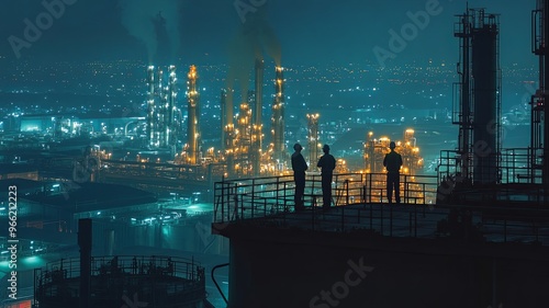 Teams Inspection engineers standing on top of a petrochemical oil refinery in night 