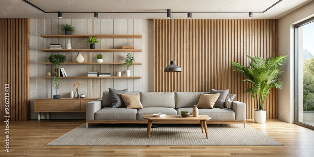 Minimalist Living Room with Wooden Wall Panels and Grey Sofa, 3D Render, Interior Design, Living Room Design, Modern Design, ,wood wall Minimalist Living Room with Wooden Wall Panels and Grey Sofa, 3D Render, Interior Design, Living Room Design, Modern Design, ,wood wall