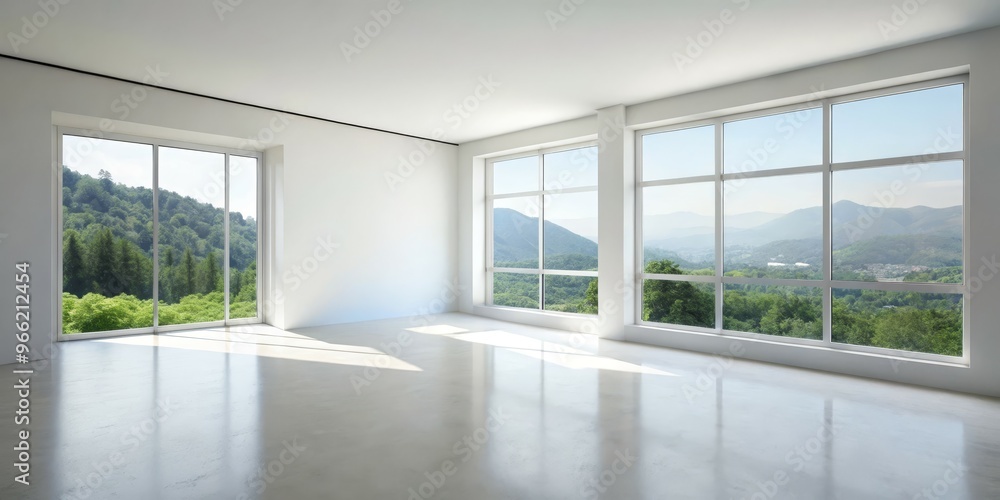Obraz premium Minimalist Modern Room with Mountain View, Large Windows, Bright Interior, White Walls, Open Space, Minimalist Design, Interior Design