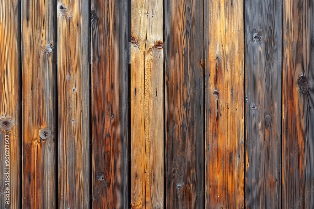 Wooden planks with varying shades of brown and black. The texture showcases natural wood grain patterns and knots, creating a rustic appearance. Wooden planks with varying shades of brown and black. The texture showcases natural wood grain patterns and knots, creating a rustic appearance.