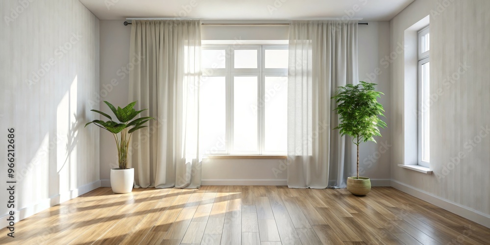 Fototapeta premium Minimalist Room with Wooden Floor and Sheer Curtains, Interior Design, Light and Airy, Window View, Home Decor, Natural Light, Interior