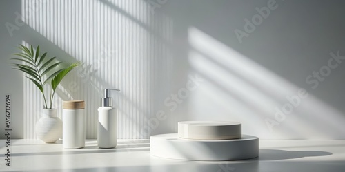 Wallpaper Mural Minimalist White Product Display with Sunlight and Green Plant, product photography, mockup, minimal, ,product display, white background Torontodigital.ca