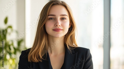 Free Download A portrait of a businesswoman with a clear, professional appearance, posing against a clean, bright background with a friendly and approachable expression. - GFXLoad