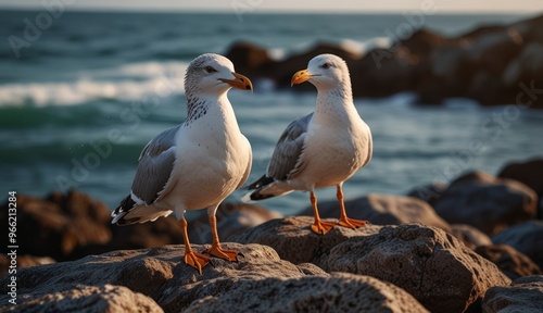Seagulls by the Ocean Shoreline