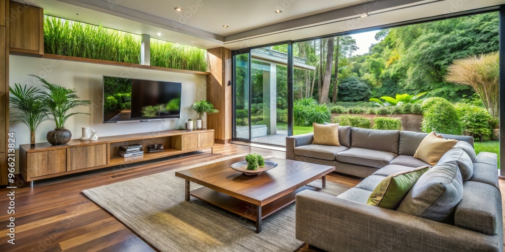 Modern Living Room with Lush Greenery and Large Windows, Interior Design, Home Decor, Luxury Living ,interior design, living room, modern home Modern Living Room with Lush Greenery and Large Windows, Interior Design, Home Decor, Luxury Living ,interior design, living room, modern home