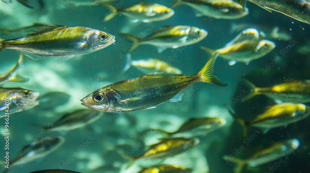 School of Fish Swimming Together in the Ocean Depths School of Fish Swimming Together in the Ocean Depths