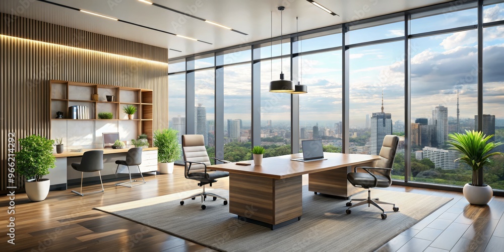 Modern Office Interior with City View, Wood Desk and Grey Carpet, 3D Rendering, Office Design, Cityscape , office, interior Modern Office Interior with City View, Wood Desk and Grey Carpet, 3D Rendering, Office Design, Cityscape , office, interior