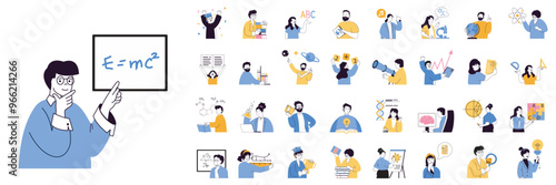 Education concept mega set with character scenes in flat design for web. Bundle situations with people learning science, reading books, getting knowledge, making tests in lab. Vector illustrations.