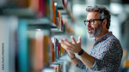 A lively professor engagingly discussing topics in the library, emphasizing dynamic teaching and the importance of knowledge sharing in an academic and scholarly environment. photo