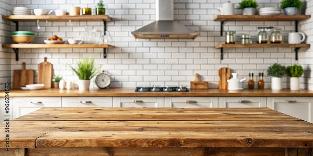 Rustic Kitchen Tabletop with Blurred Background, Kitchen Table, Kitchen Interior, Rustic Style Rustic Kitchen Tabletop with Blurred Background, Kitchen Table, Kitchen Interior, Rustic Style