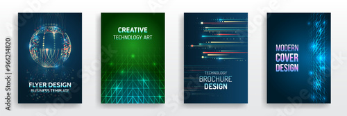 Modern technology design for posters. Futuristic background for flyer, brochure. Scientific cover template for presentation, banner. Page layout set for sci-fi. Set of high-tech covers for marketing.