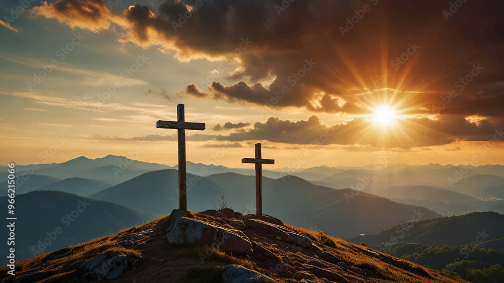 Three crosses on a mountain in sunlight, symbolizing faith, crucifixion, resurrection Three crosses on a mountain in sunlight, symbolizing faith, crucifixion, resurrection